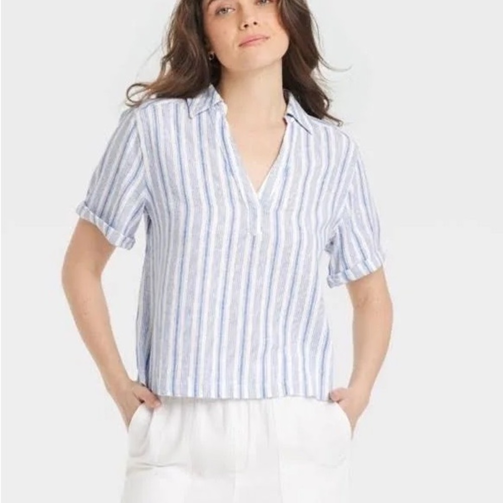 Universal Thread Women's Relaxed Fit Linen Rayon Blend Popover Blouse